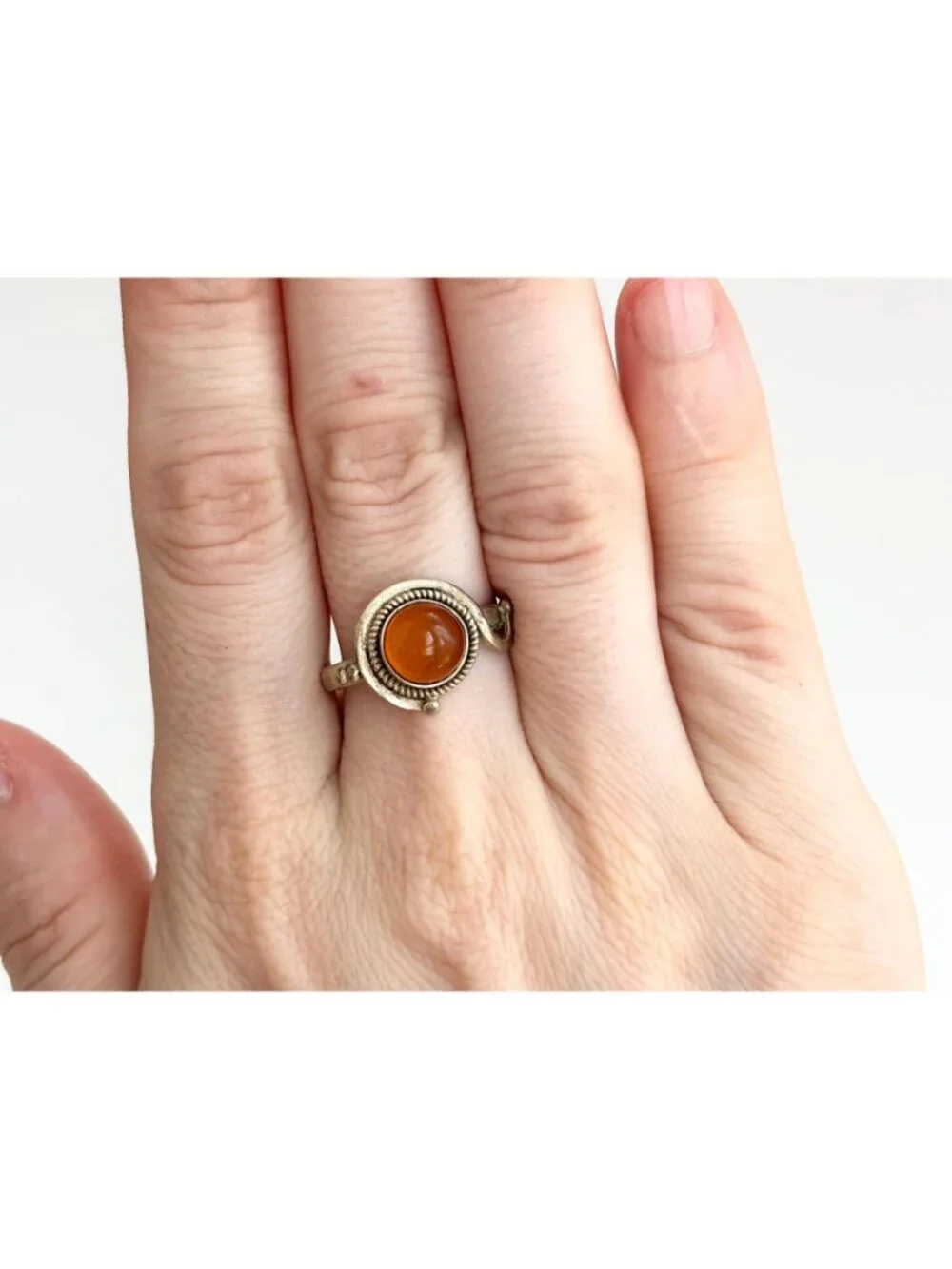 Balinese Inspired Butterscotch Amber Sterling Silver 925 Vintage Ring - sz 7
